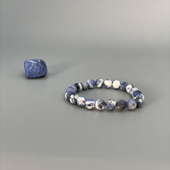 Sodalite Chakra Bracelet Beads Matte Elastic Stretch Tumbled Stone, Gift Pouch - Picture 2 of 6
